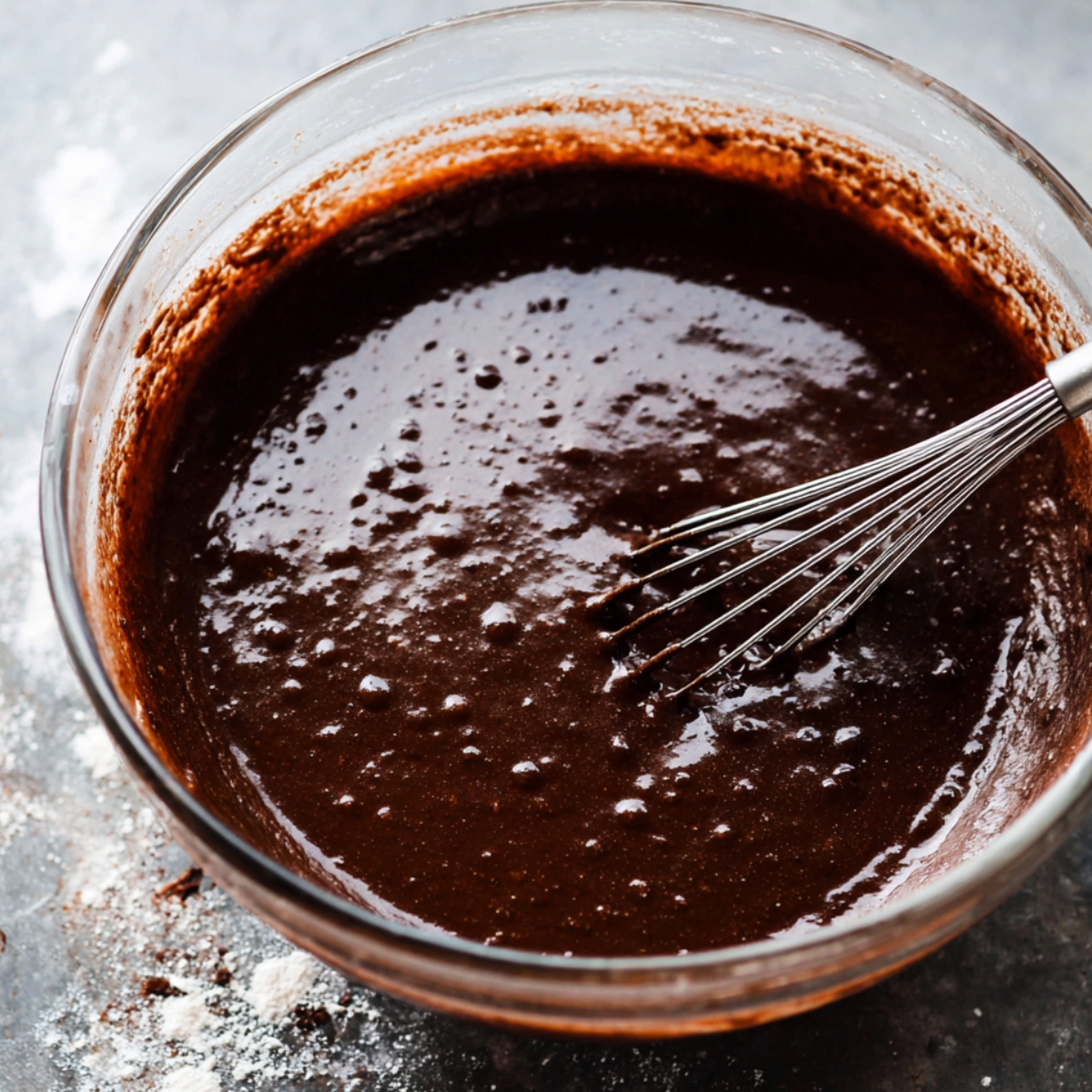 Deliciously Moist Chocolate Layer Cake 10 A glass bowl filled with thick chocolate cake batter, whisked to a smooth, glossy consistency with small air bubbles visible.