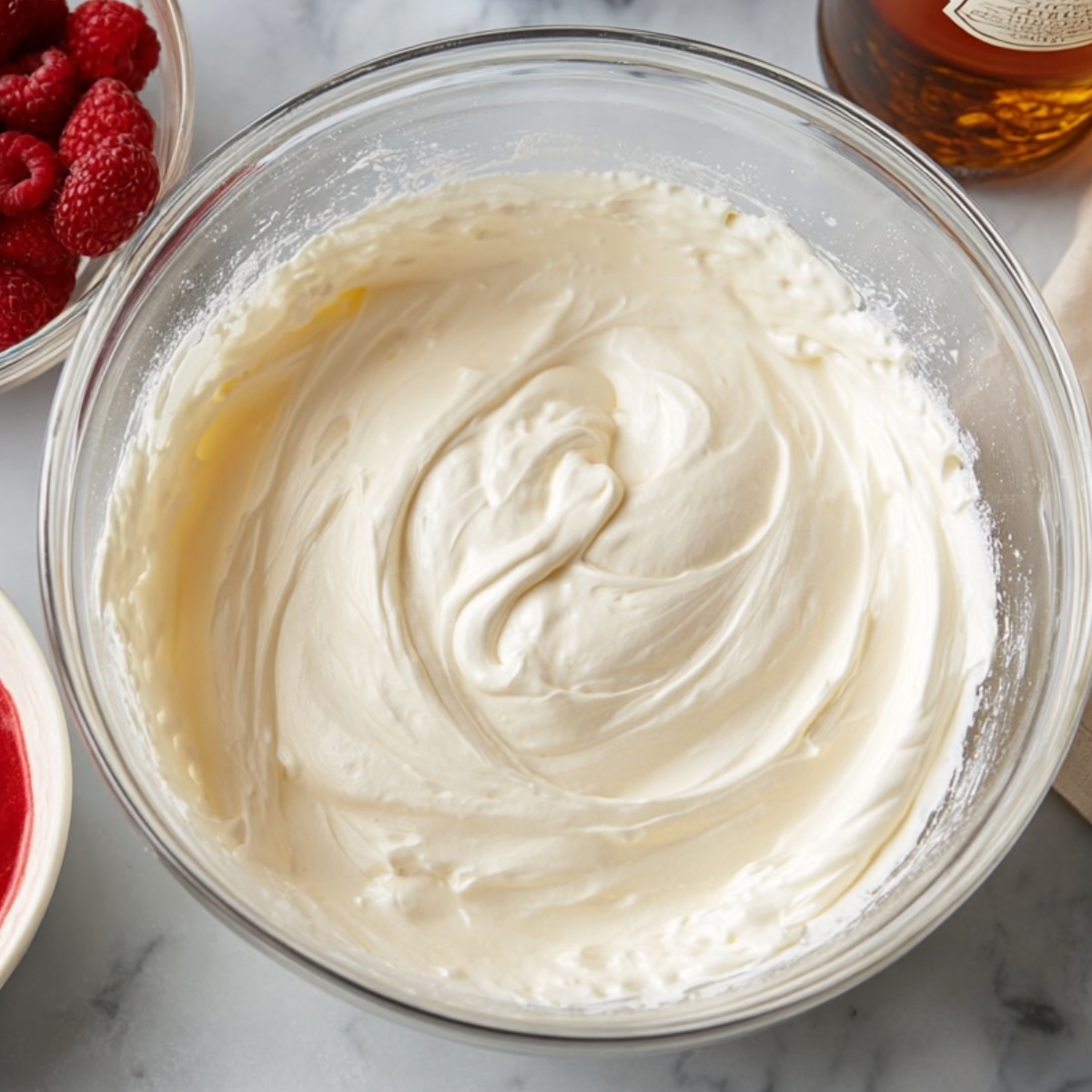 Easy Raspberry Mousse (Without Gelatin) 11 A creamy, smooth mousse base in a glass bowl, whipped to perfection, ready to be layered or served.