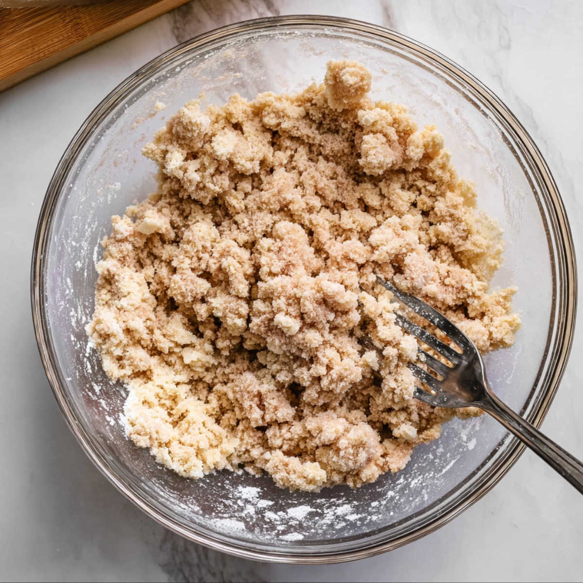 Easy Coffee Cake Muffins Recipe 10 A glass bowl filled with streusel topping mixture, with a fork partially buried in the crumbs, showing a mixture of flour, sugar, and butter.