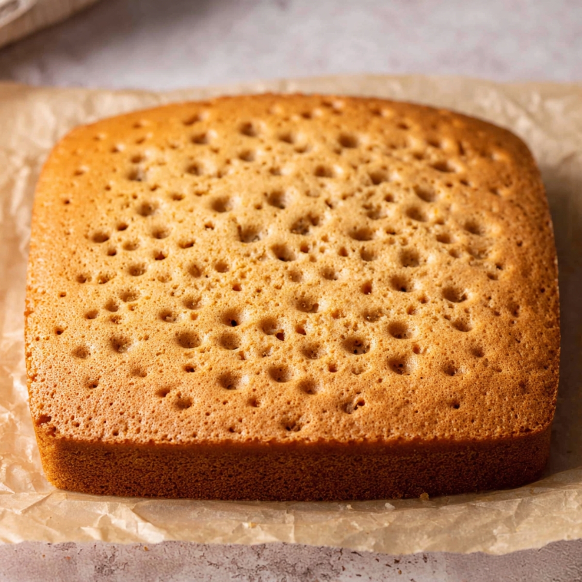 Easy Brown Sugar Latte Cake Recipe 11 Freshly baked cake with a golden-brown top and small holes.