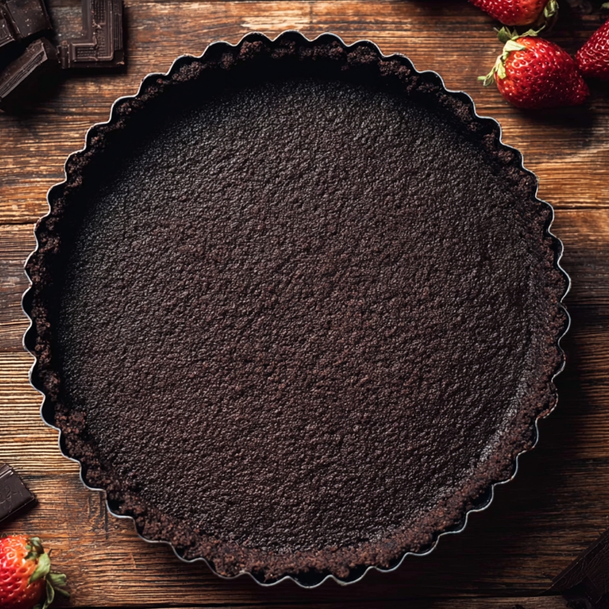 No Bake Chocolate Tart Recipe 10 A perfectly baked, dark chocolate tart crust, showing a smooth, textured surface, ready to be filled.