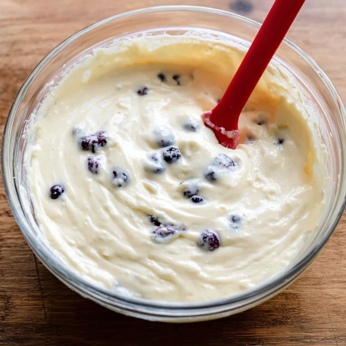 Lemon Blueberry Cheesecake Bars 11 Creamy cheesecake filling with blueberries, ready to be used.