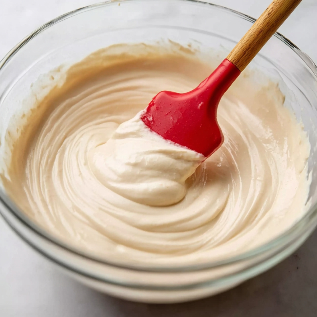 Best Caramel Turtle Cheesecake Recipe 11 A smooth and creamy cheesecake filling being stirred in a glass bowl with a red silicone spatula, showing a thick and velvety texture.