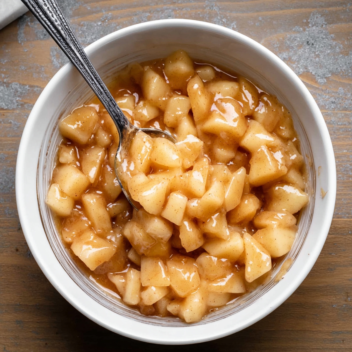 Homemade Pear Pie Recipe 10 A bowl filled with diced pears coated in a sweet syrup with cinnamon, ready to be placed inside a pie crust. The filling has a smooth and glossy texture.
