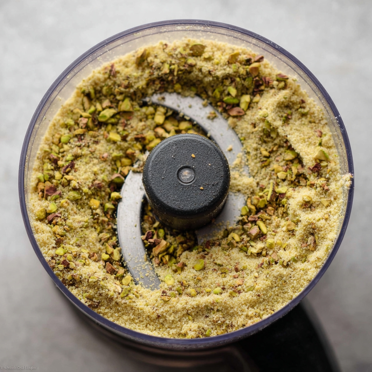 Easy Lemon Pistachio Loaf Recipe 10 Close-up shot of a food processor containing finely ground pistachios, mixed with some larger pistachio pieces, creating a coarse, nutty texture.