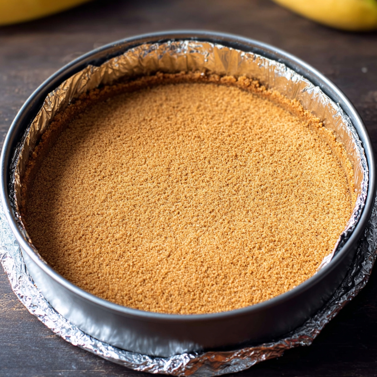 Easy Bananas Foster Cheesecake Recipe 10 Graham cracker crust in a springform pan, ready to be filled.