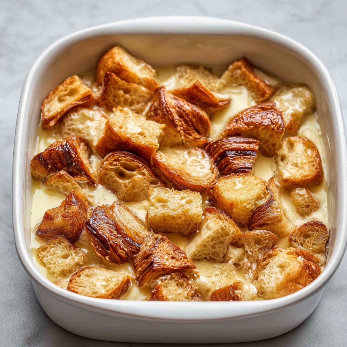 Easy Croissant Bread Pudding Recipe 11 Sliced croissant bread pudding in a baking dish before baking, with the croissants soaking in the custard mixture.