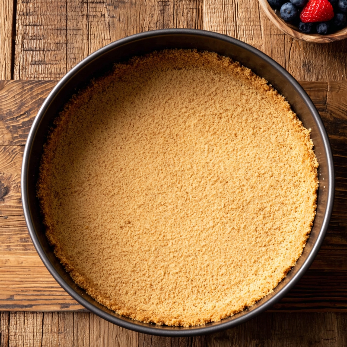 Easy No Bake Cheesecake Recipe 10 A graham cracker crust pressed into a round springform pan, ready for a no-bake cheesecake filling.