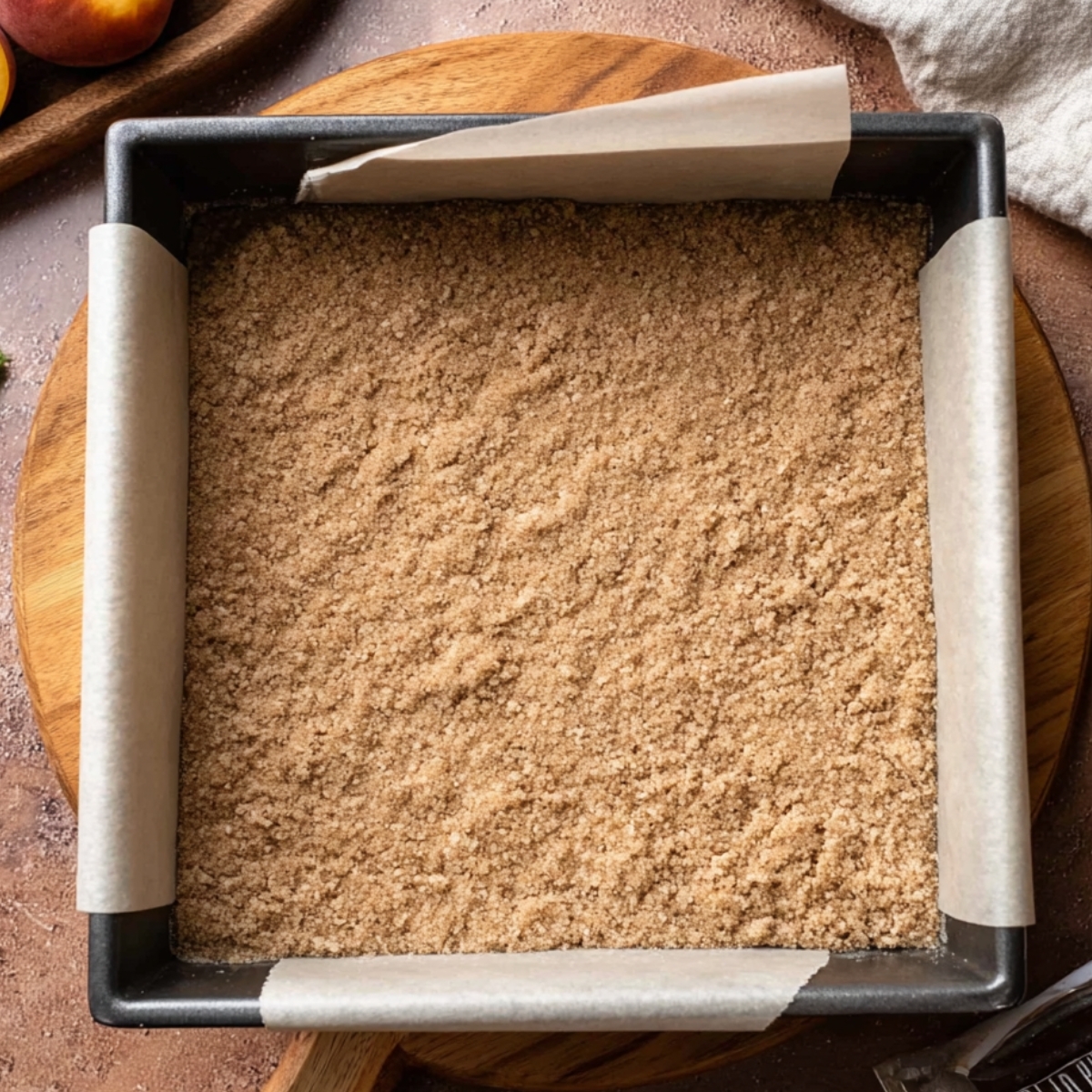 Easy Peach Cobbler Bars Recipe 10 Pressed crumbly base layer in the pan, ready for the peach filling and crumble topping to create a perfect peach cobbler bar.
