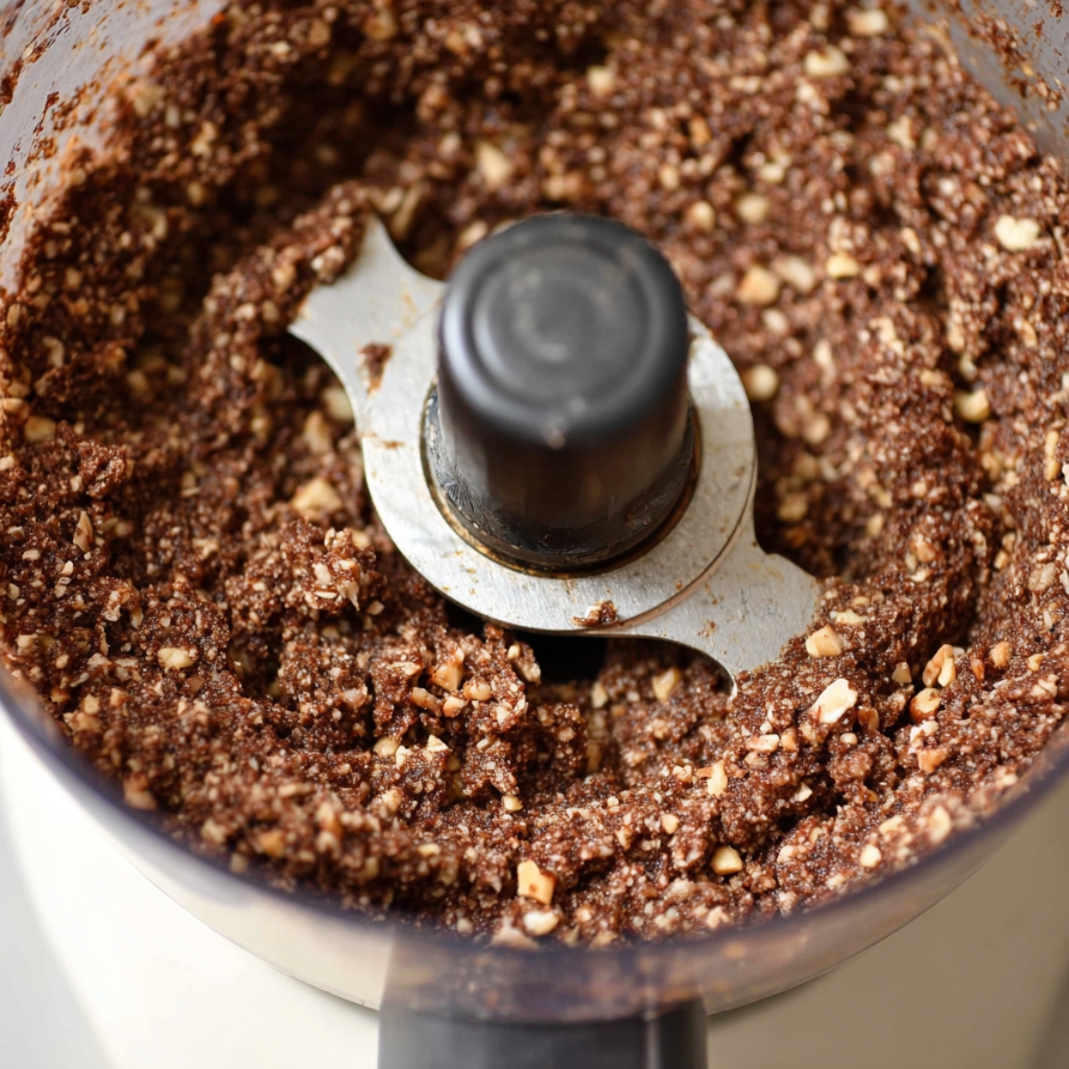 Easy Nutella Protein Balls Recipe 10 Close-up of a food processor with a chunky, well-blended chocolate hazelnut mixture.