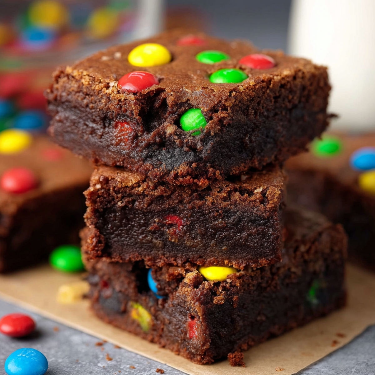 stack of fudgy Protein Brownies with M&Ms visible on top and inside. The brownies have a rich, dark chocolate texture, and the bright M&M's add a playful pop of color to the dessert.