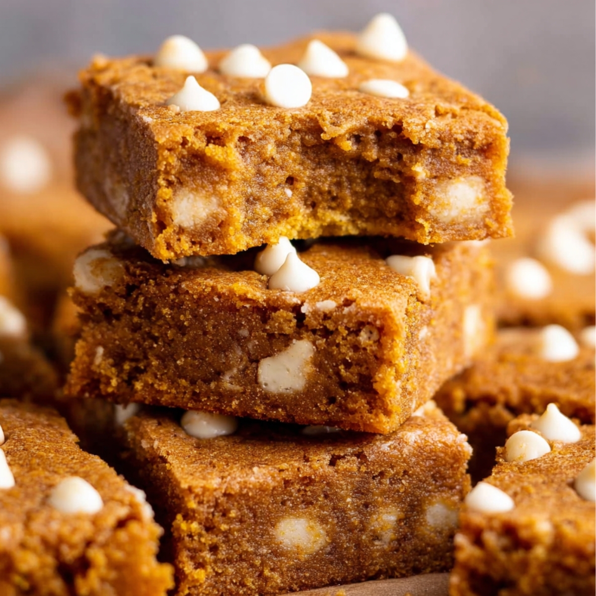 The Best Pumpkin Blondies Recipe 9 A stack of warm, freshly baked Pumpkin Blondies with a bite taken out of the top one, revealing its soft, chewy interior and white chocolate chips.