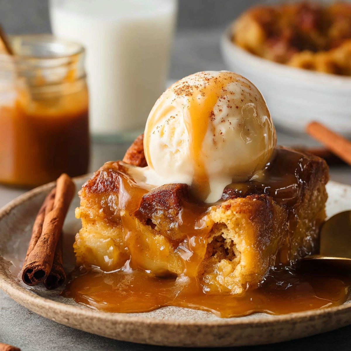 A slice of pumpkin bread pudding topped with a scoop of vanilla ice cream, drizzled with caramel sauce, and garnished with a dusting of cinnamon.