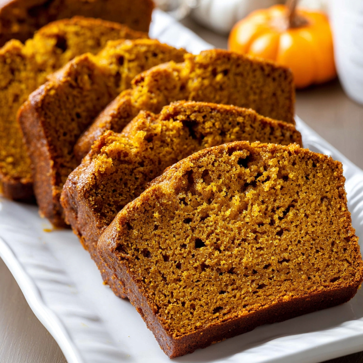 Slices of freshly baked pumpkin bread arranged on a white platter, with a soft and moist texture visible.