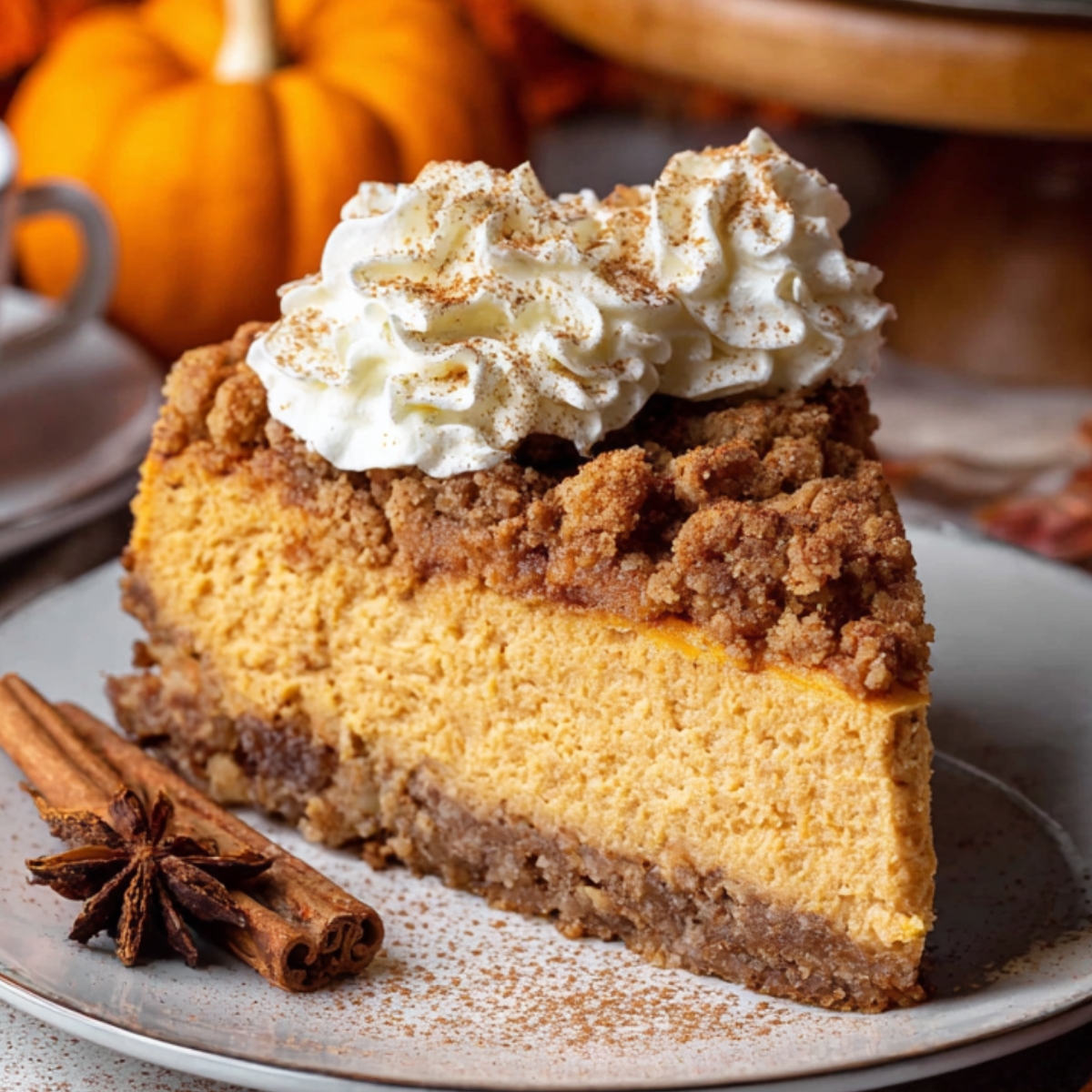 A slice of decadent Pumpkin Streusel Cheesecake topped with whipped cream, cinnamon, and a sprinkle of crunchy streusel topping, served with cinnamon sticks and star anise.