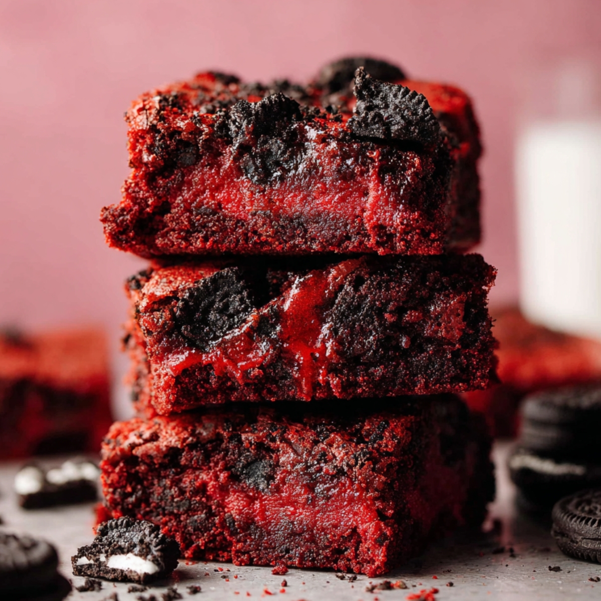 Stack of moist Red Velvet Oreo Brownies with visible Oreo chunks, dusted with powdered sugar, looking freshly baked and delicious.