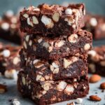 A stack of delicious Rocky Road Brownies made with marshmallows, almonds, and chunks of chocolate, showcasing their rich, fudgy texture and mix-ins.