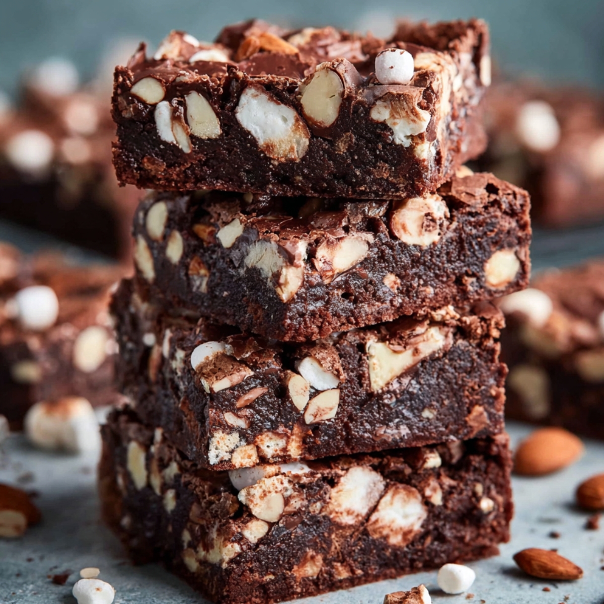 A stack of delicious Rocky Road Brownies made with marshmallows, almonds, and chunks of chocolate, showcasing their rich, fudgy texture and mix-ins.