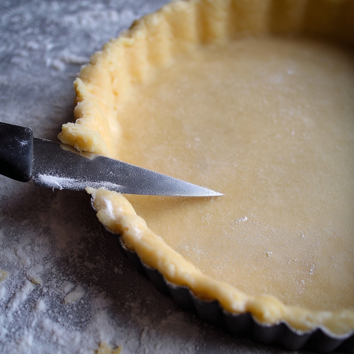 Easy Milk Tart Recipe 10 A close-up of dough being trimmed inside a tart pan with a knife, the edges of the dough are neatly shaped and the surface is lightly floured.