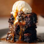 A decadent Salted Caramel Brownies served with a scoop of vanilla ice cream on top, with warm caramel oozing from the brownie.