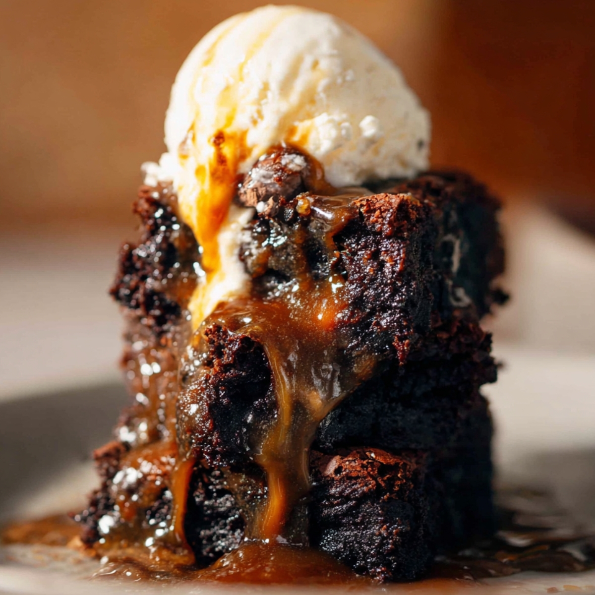 A decadent Salted Caramel Brownies served with a scoop of vanilla ice cream on top, with warm caramel oozing from the brownie.