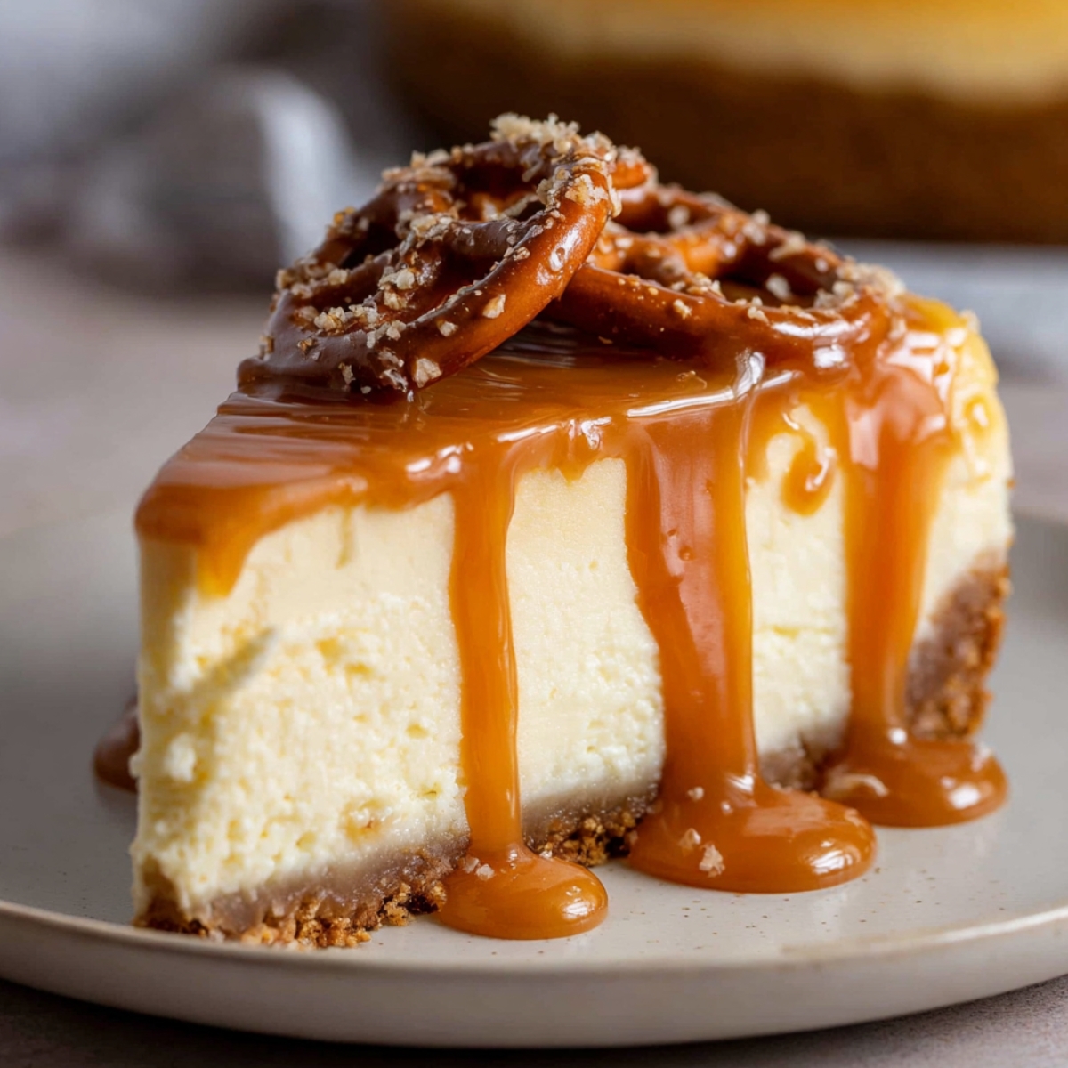 Best Salted Caramel Cheesecake 9 A slice of creamy Salted Caramel Cheesecake with a pretzel crust, drizzled with rich caramel sauce and topped with crunchy pretzels.