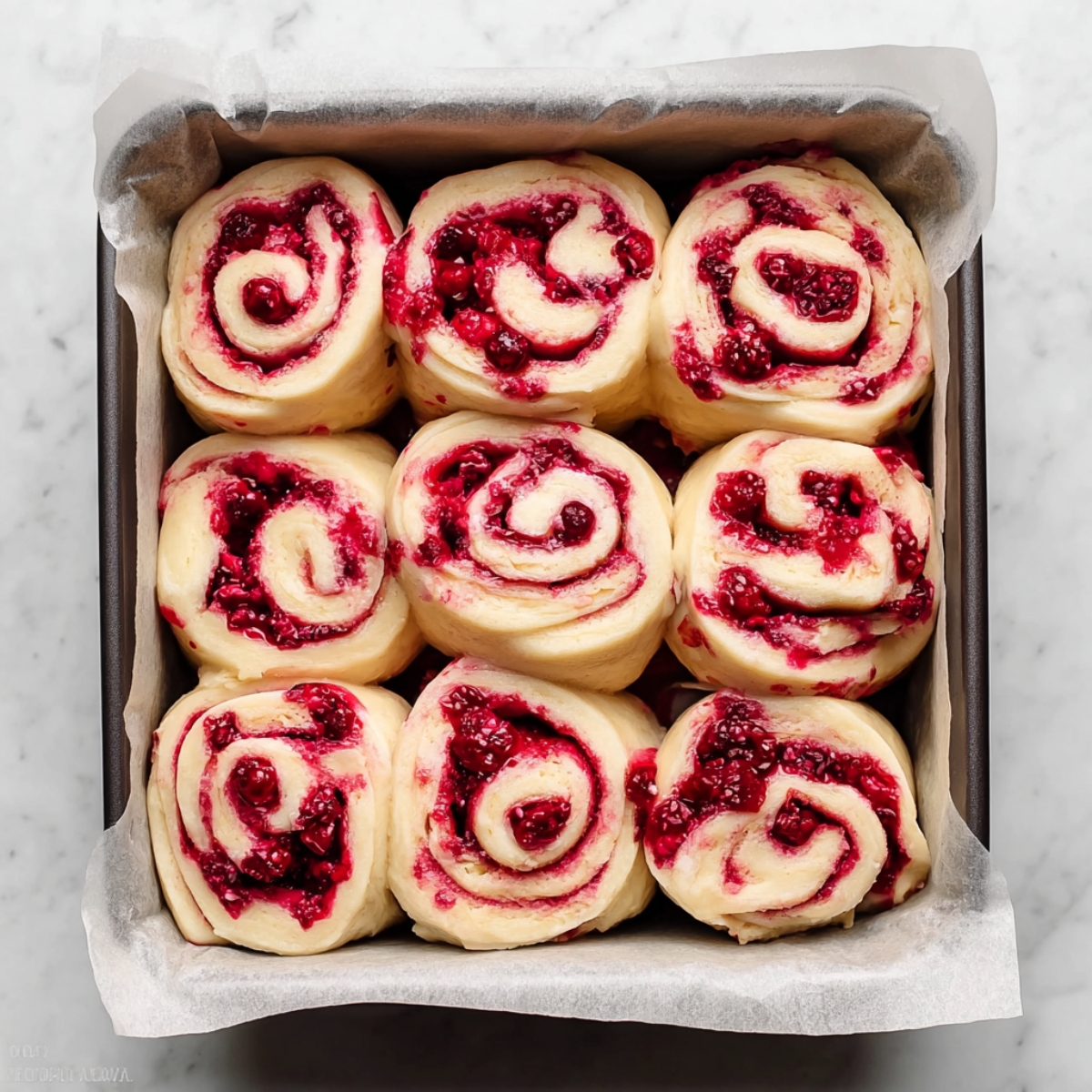 Delicious Raspberry Swirl Sweet Rolls 11 Raw raspberry sweet rolls arranged in a baking dish, rising and ready for baking. The dough is soft, with swirls of raspberry filling visible inside each roll.