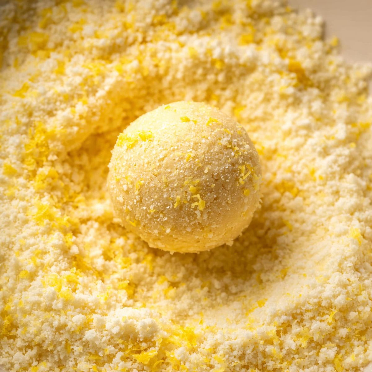 Lemon Crème Brûlée Cookies 11 A lemon cookie dough ball coated in sugar and lemon zest, rolling in a fluffy mixture, with a focus on the ball surrounded by the zest.