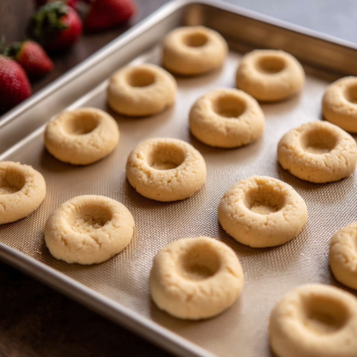 Best Strawberry Thumbprint Cookies 11 Unbaked dough circles with indentations, ready for jam, with fresh strawberries.