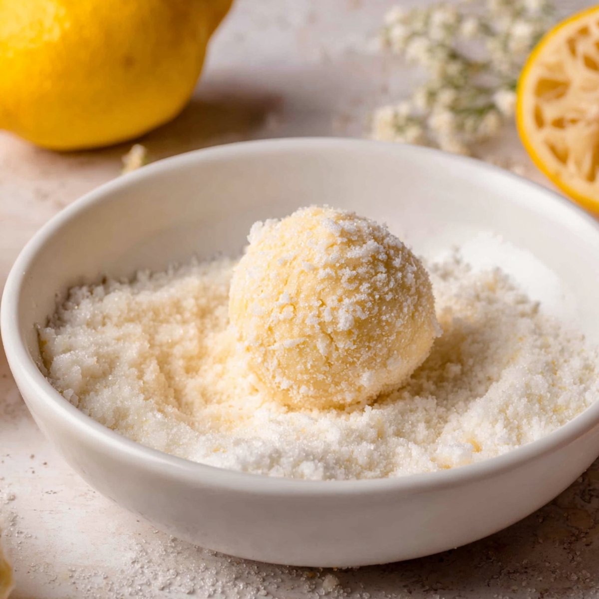 Chewy Lemon Sugar Cookies 11 Lemon cookie dough ball rolled in sugar, surrounded by lemon slices and flowers.
