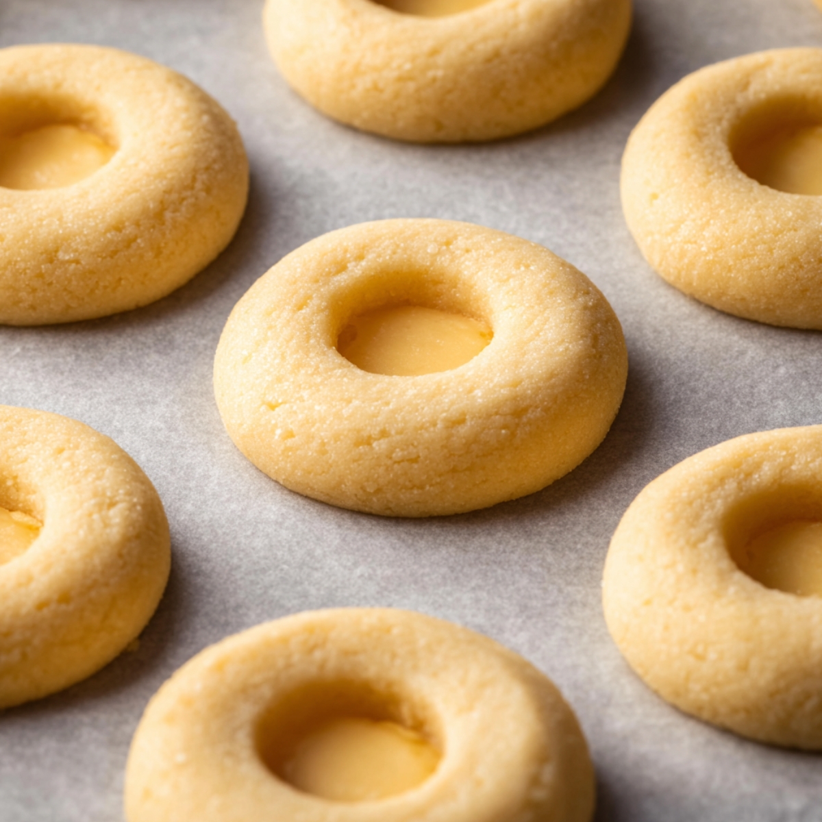 The Best Lemon Curd Cookies Recipe 11 Raw dough cookies on parchment paper, each with a small indentation in the center, ready to be filled with lemon curd.