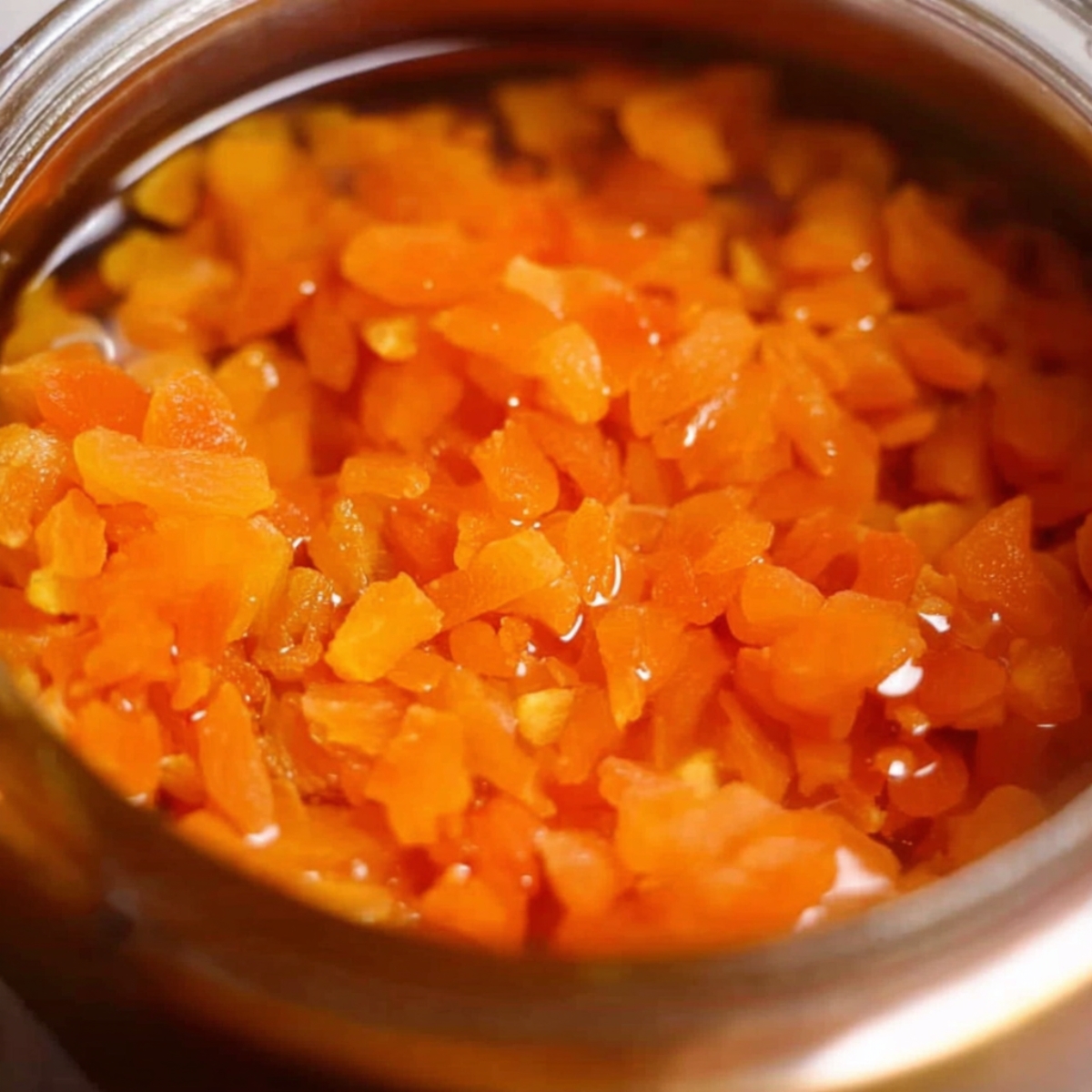 Homemade Apricot Tarts Recipe 10 A jar filled with chopped apricots soaked in liquid. The small, orange chunks of apricot are clearly visible, with the liquid surrounding them, showing their fresh and vibrant color.