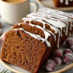 A Spiced Gingerbread Loaf, sliced and topped with a glossy white icing drizzle, with frosted cranberries on the side and a cup of coffee in the background.