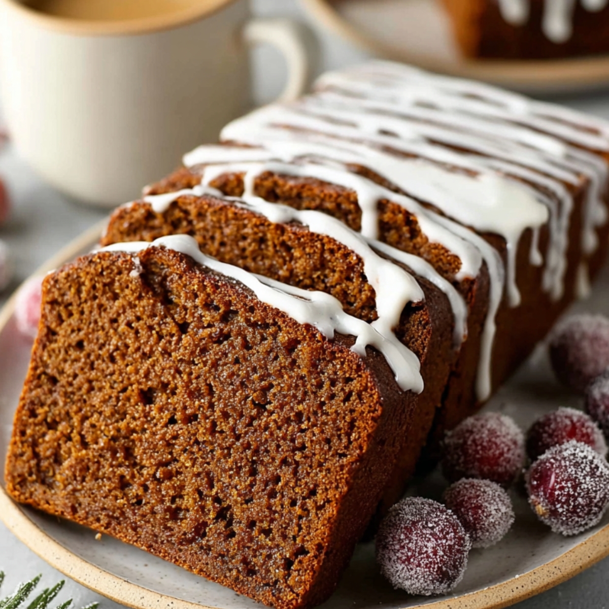 A Spiced Gingerbread Loaf, sliced and topped with a glossy white icing drizzle, with frosted cranberries on the side and a cup of coffee in the background.