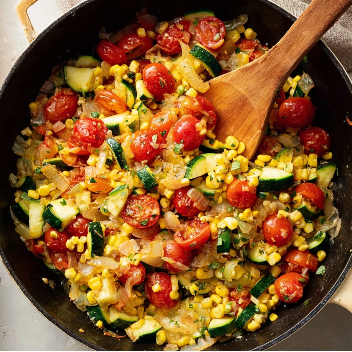 Easy Homemade Savory Galette Recipe 10 A skillet filled with sautéed vegetables including tomatoes, zucchini, corn, and onions, stirred together with a wooden spoon.