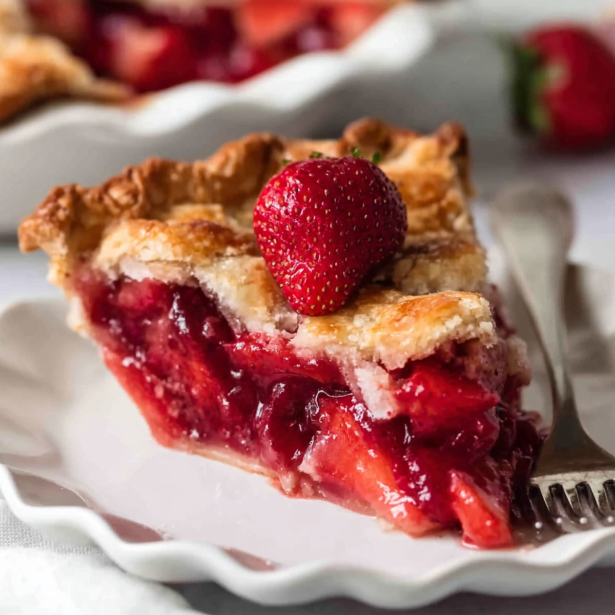 Slice of Strawberry Cardamom Rose Pie with a fresh strawberry on top.