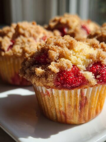 The Best Strawberry Muffins Recipe 1 Freshly baked Strawberry Muffins with a crumbly streusel topping, featuring visible chunks of strawberries and a golden brown color.