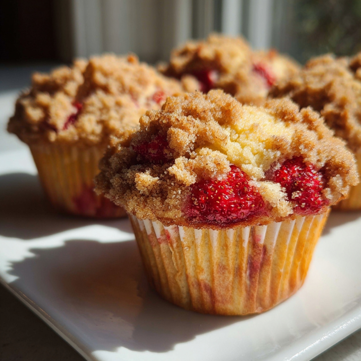 The Best Strawberry Muffins Recipe 9 Freshly baked Strawberry Muffins with a crumbly streusel topping, featuring visible chunks of strawberries and a golden brown color.