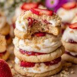 Stacked Strawberry Shortcake Cookies with whipped cream, fresh strawberries, and crumbled cookie topping, with one cookie bitten into, revealing a soft, jam-filled interior.