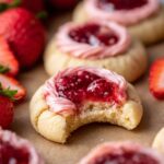 Bite taken from a Strawberry Thumbprint Cookies with pink cream and jam.