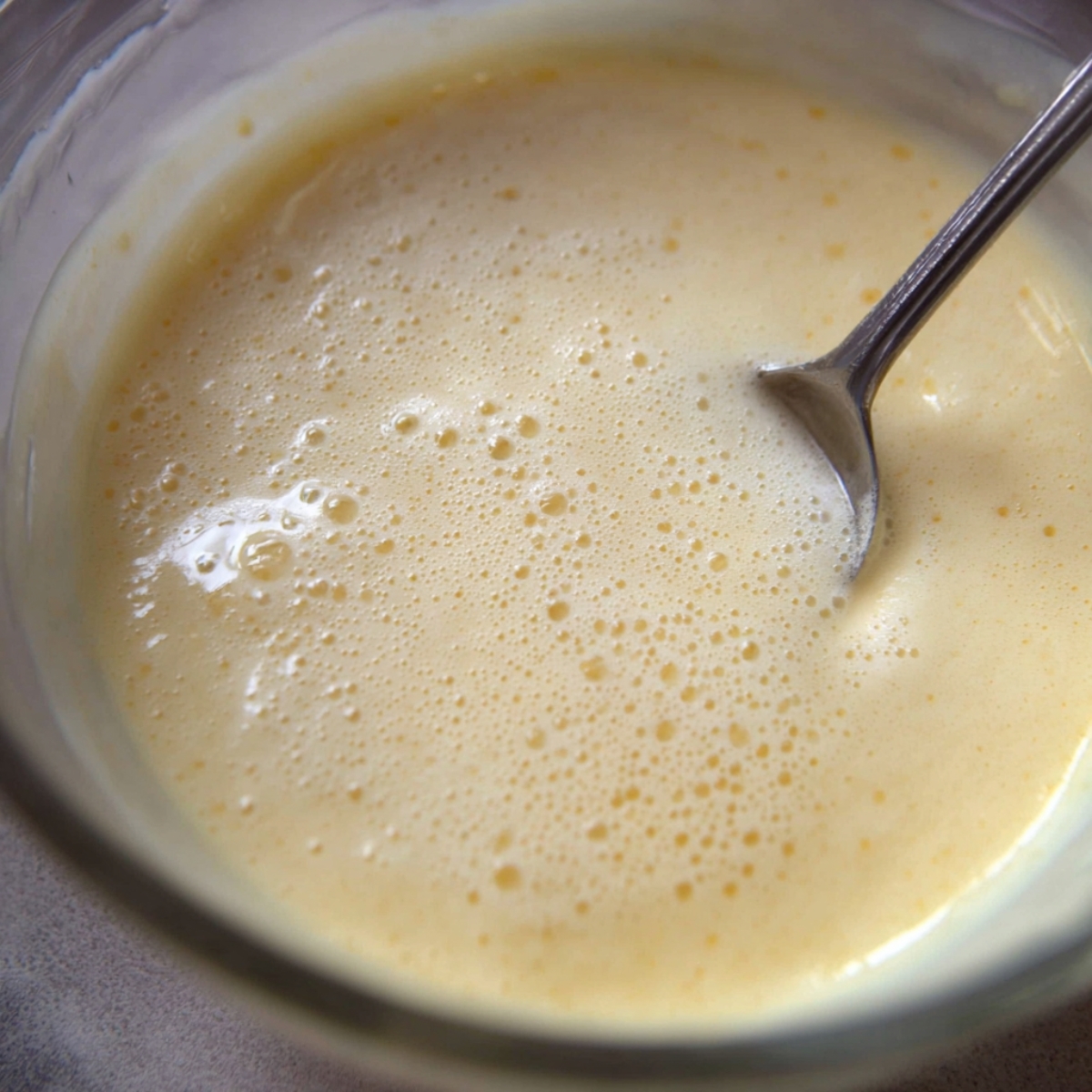 Easy Milk Tart Recipe 11 A close-up of a smooth, creamy milk tart filling in a bowl with light bubbles, stirred with a spoon. The texture is smooth and slightly frothy, ready to be poured into the prepared crust.