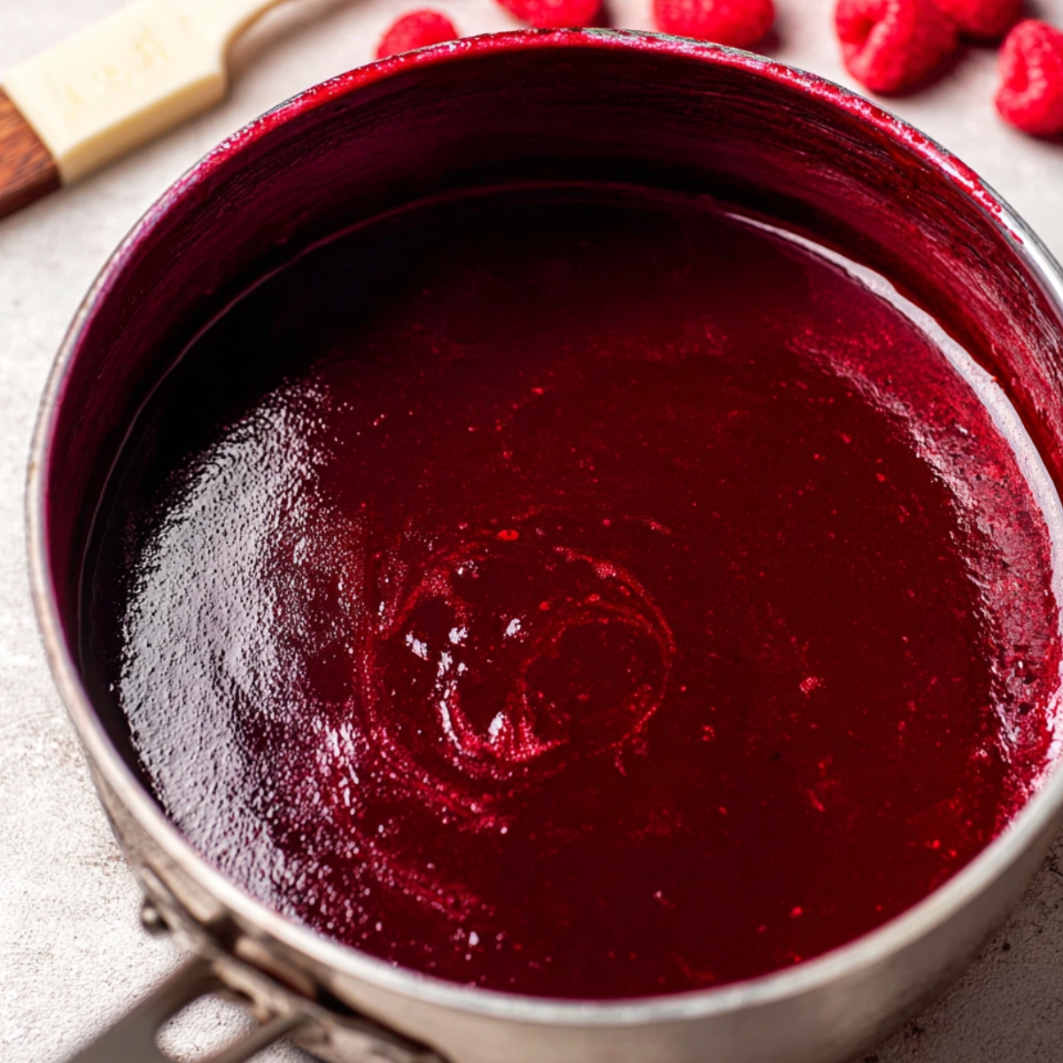 White Chocolate Raspberry Cake Recipe 10 A saucepan with raspberry jam boiling and thickening on medium heat.