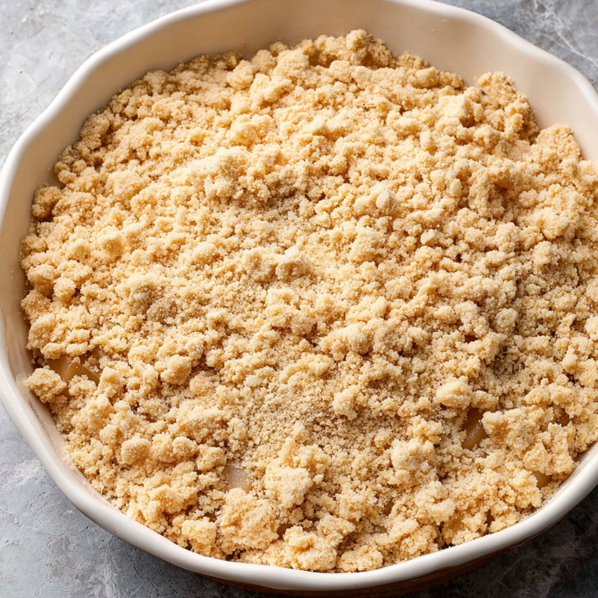 The Best Pear Crumble Recipe 11 A close-up of a golden, crumbly topping for a pear crumble dessert, spread evenly over the fruit filling, ready to be baked.
