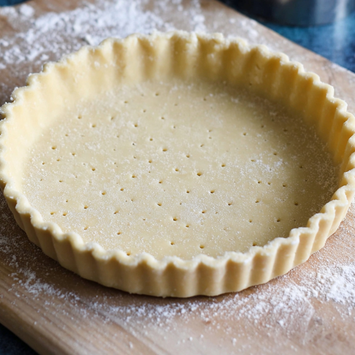 Homemade Strawberry Tart Recipe 10 A raw tart shell with crimped edges and small dock marks on the dough, ready to be baked. The crust is evenly shaped and unbaked, with a light dusting of flour.