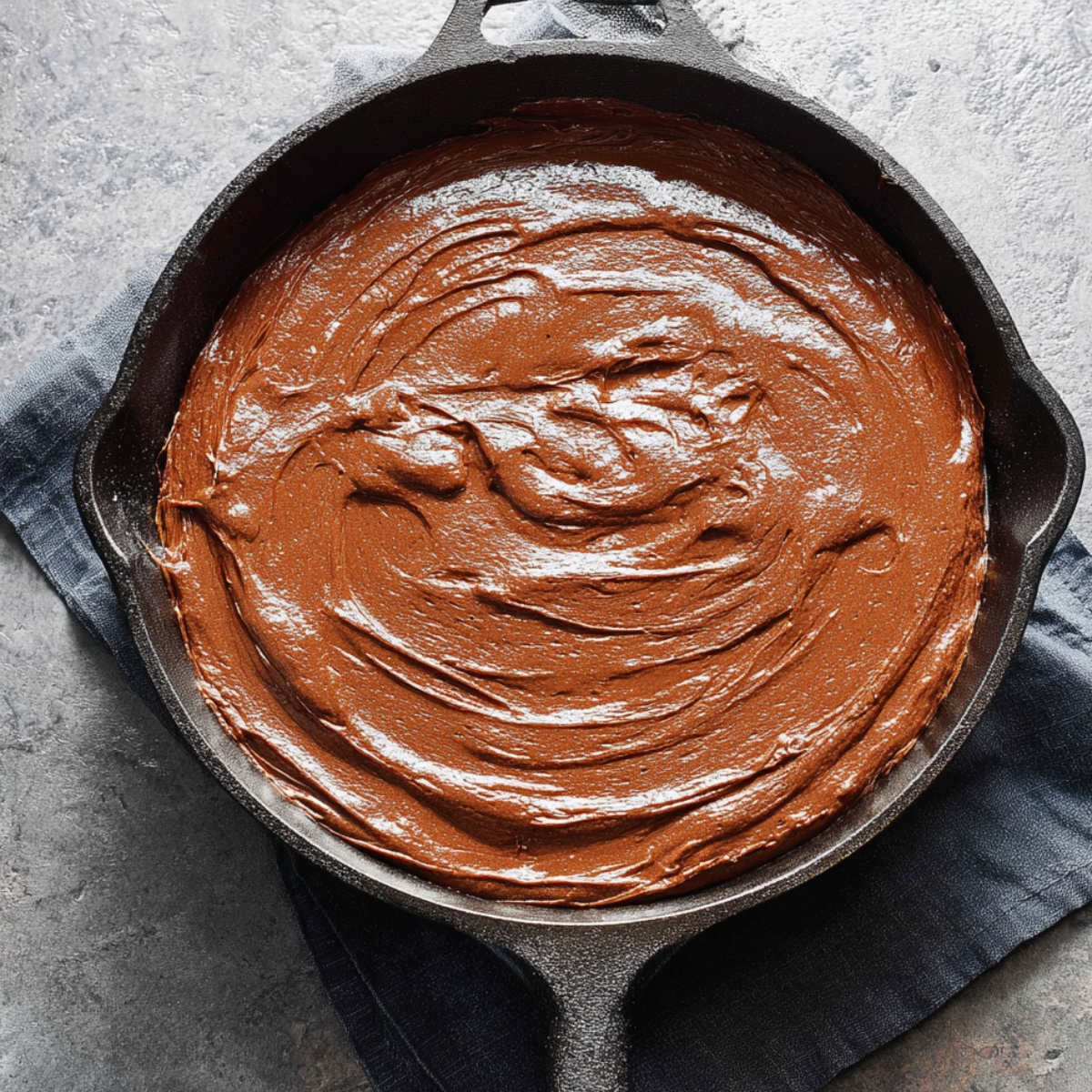 Easy Skillet Brownie Recipe 11 Chocolate brownie batter spread evenly in a cast iron skillet.