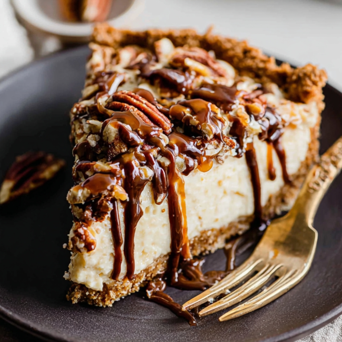 Easy Turtle Pie Recipe 9 Slice of Turtle Pie topped with caramel, chocolate drizzle, and pecans.