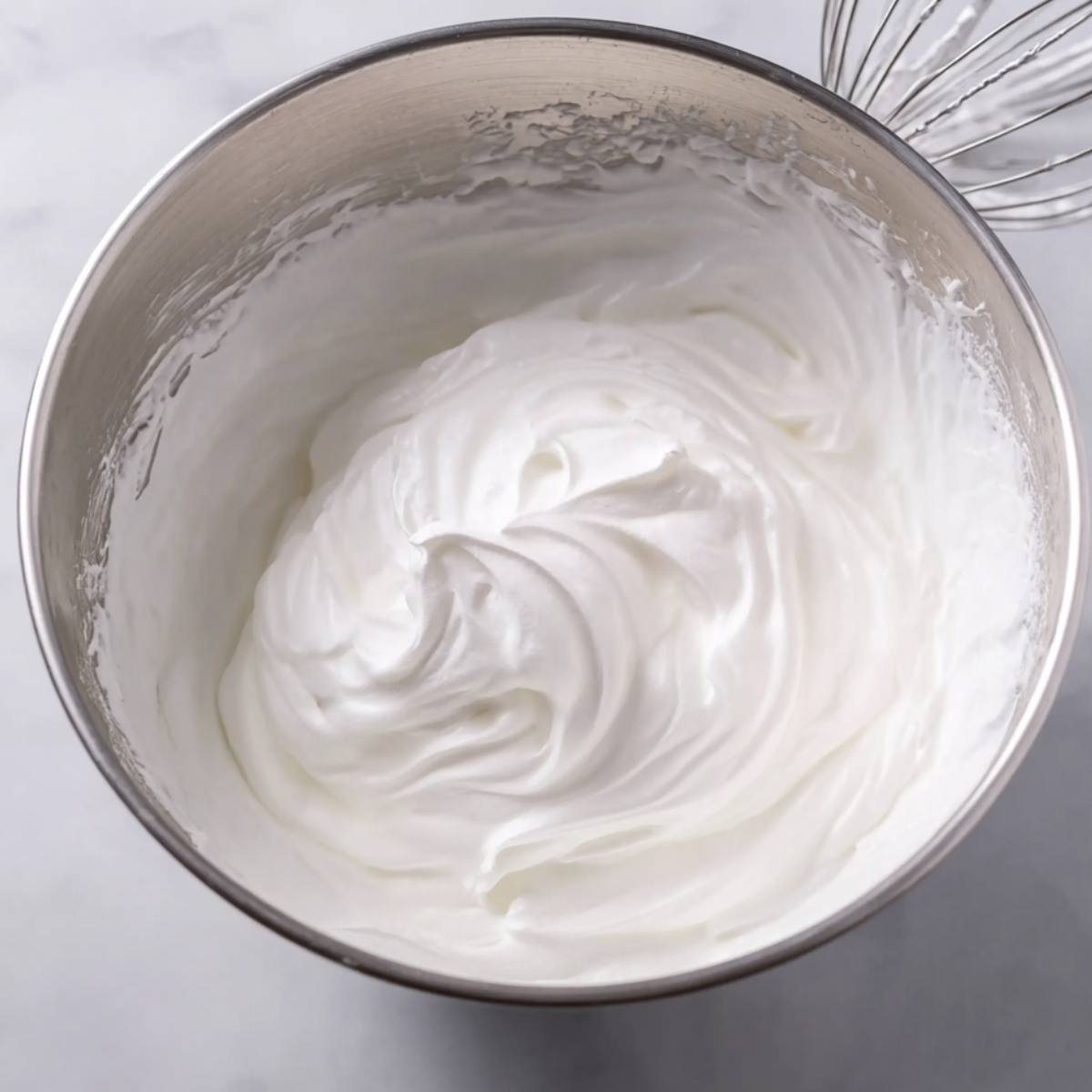 The Best Lemon Angel Pie Recipe 10 Egg whites whipped to stiff peaks in a metal mixing bowl.