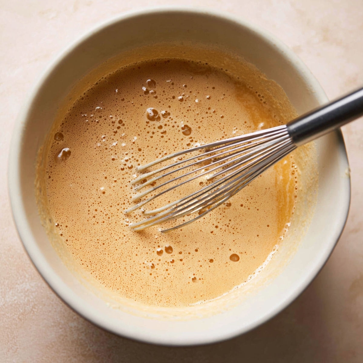 Easy Rocky Road Brownies 10 A close-up of a whisk in a bowl filled with light, bubbly wet ingredients for baking, showing a smooth and slightly frothy consistency.