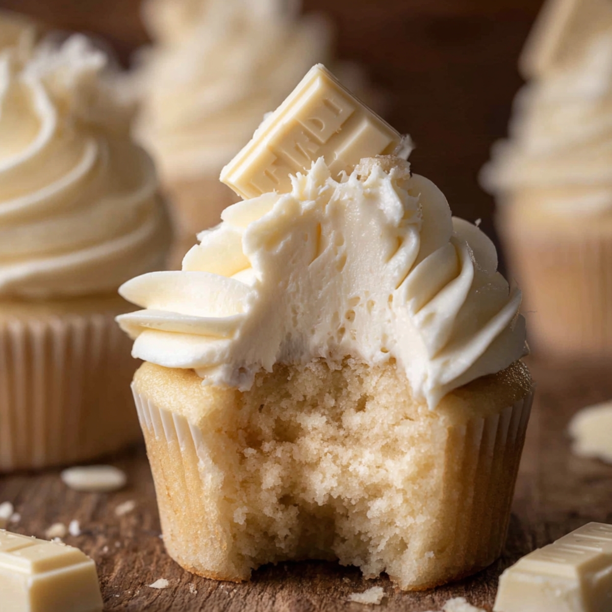 Close-up of a White Chocolate Cupcakes with buttercream frosting topped with a piece of white chocolate. A bite has been taken out, showing the soft, fluffy interior of the cupcake.