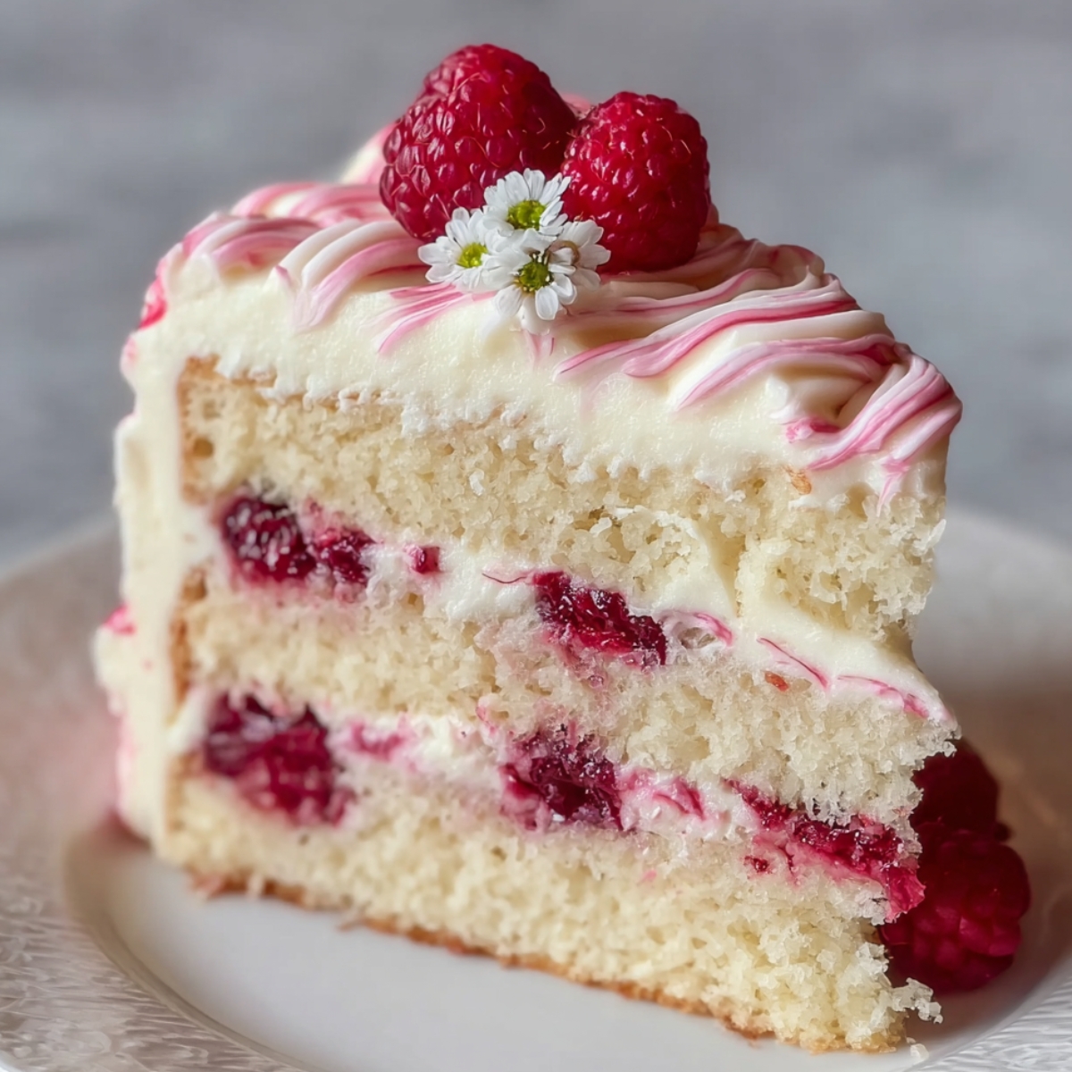 A soft, moist slice of White Chocolate Raspberry Cake filled with raspberry jam, topped with fresh raspberries and white chocolate swirls.